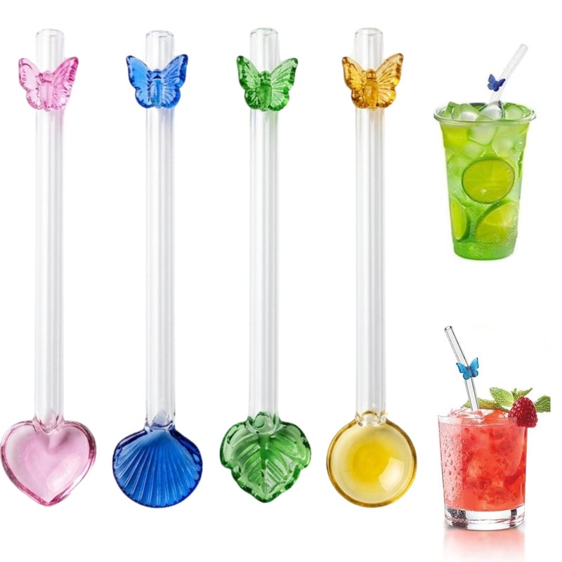 Two-in-one reusable glass straws and spoons decorated with cute charms, clear drinking straws for juices, coffee, milk and cocktails, 12cm - Image 5