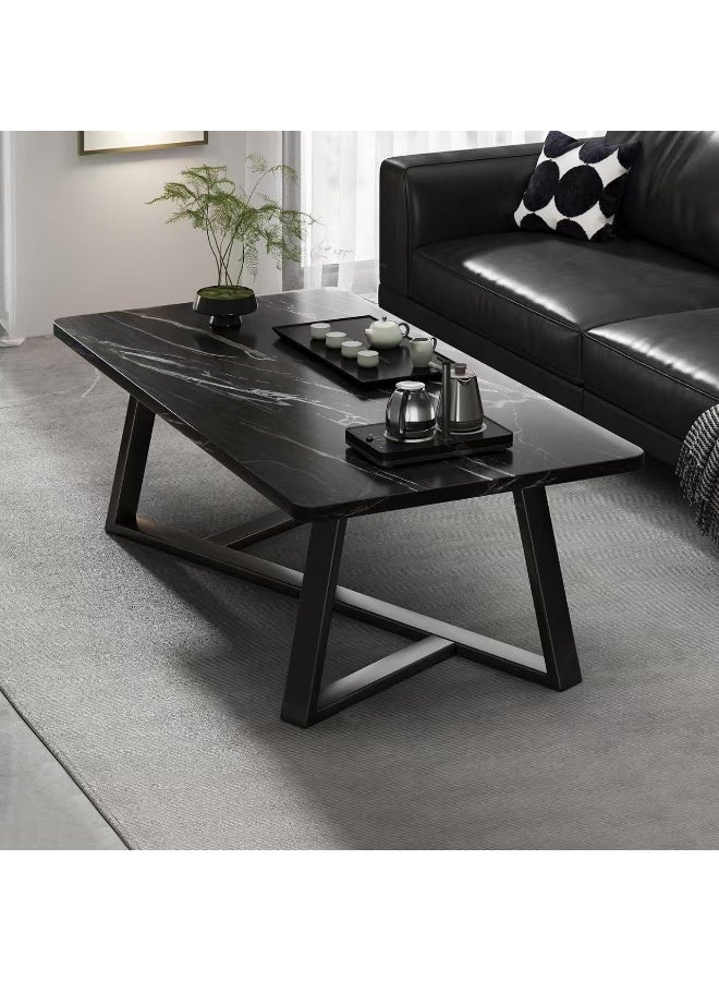 Tanwer Black Marble Coffee Table, Modern Rectangular Center Table with Black Metal Legs, 100x50x43CM, Living Room Tea Table - Image 1