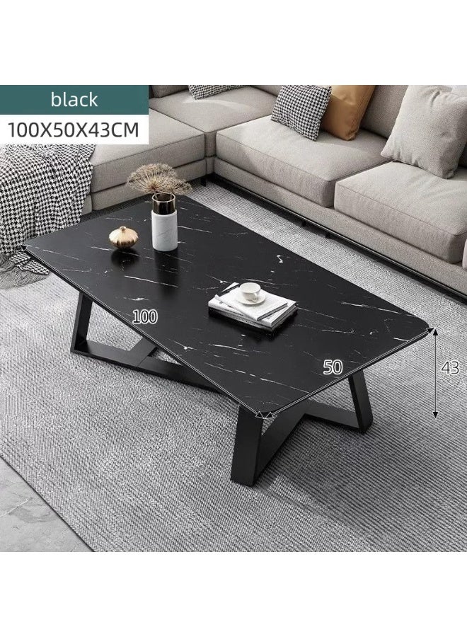 Tanwer Black Marble Coffee Table, Modern Rectangular Center Table with Black Metal Legs, 100x50x43CM, Living Room Tea Table - Image 2