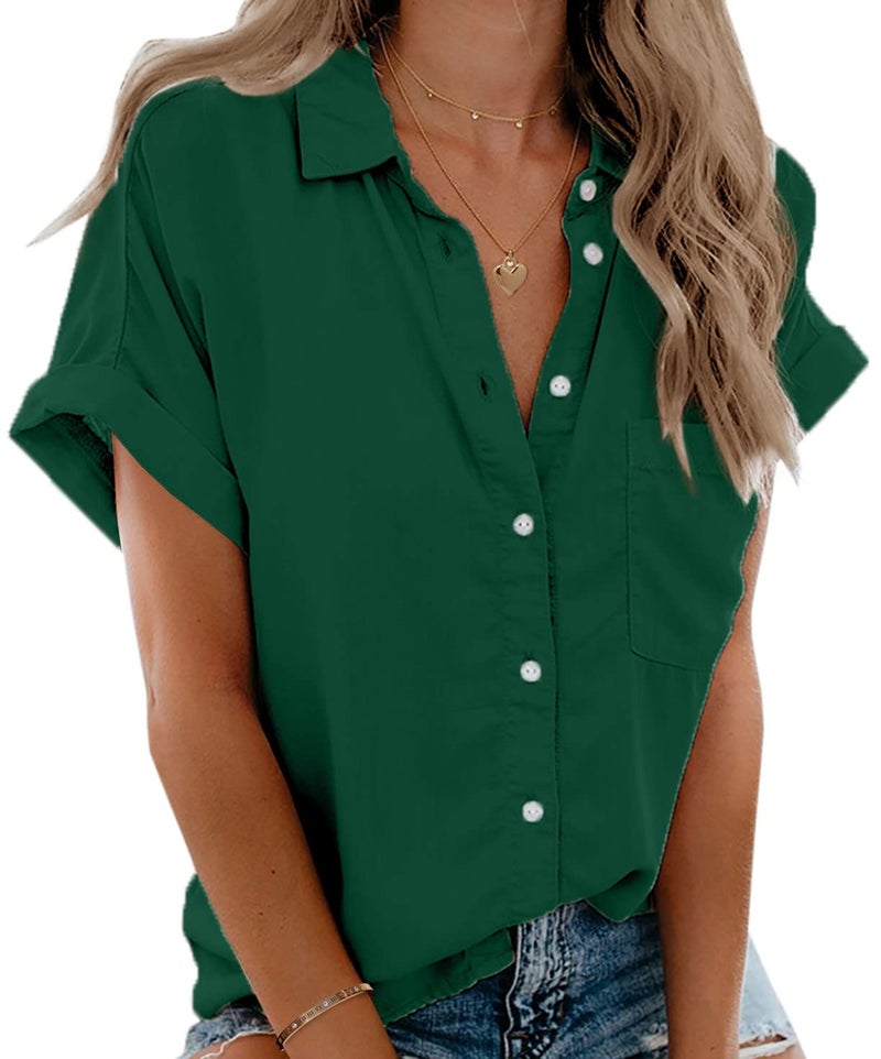 Beautife Womens Short Sleeve Shirts V Neck Collared Button Down Shirt Tops with Pockets (Medium, Dark Green) - Image 1