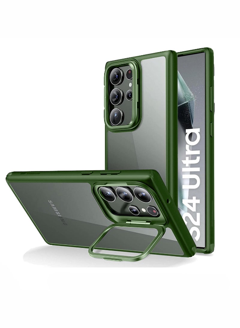 Wtech Hybrid Soft Silicone Transparent Back With Camera Folding Bracket Holder Stand Case Cover For Samsung Galaxy S24 Ultra 5G 2024 Dark Green - Image 1