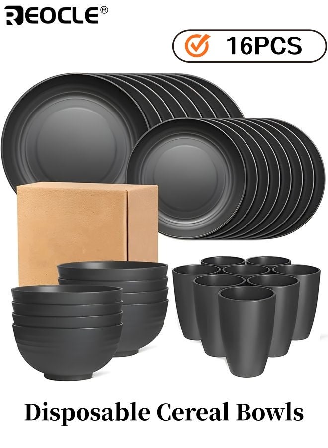 REOCLE 16-Piece Kitchen Wheat Straw Dinnerware Set Service for 4 Includes Dinner Plates Dessert Plates Cereal Bowls and Cups Unbreakable Plastic Outdoor Camping Dishes in Black - Image 1