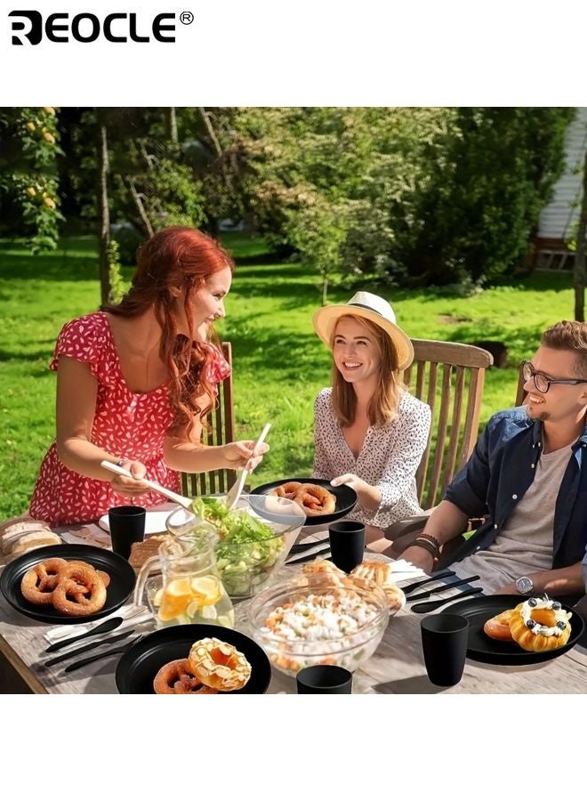 REOCLE 16-Piece Kitchen Wheat Straw Dinnerware Set Service for 4 Includes Dinner Plates Dessert Plates Cereal Bowls and Cups Unbreakable Plastic Outdoor Camping Dishes in Black - Image 5