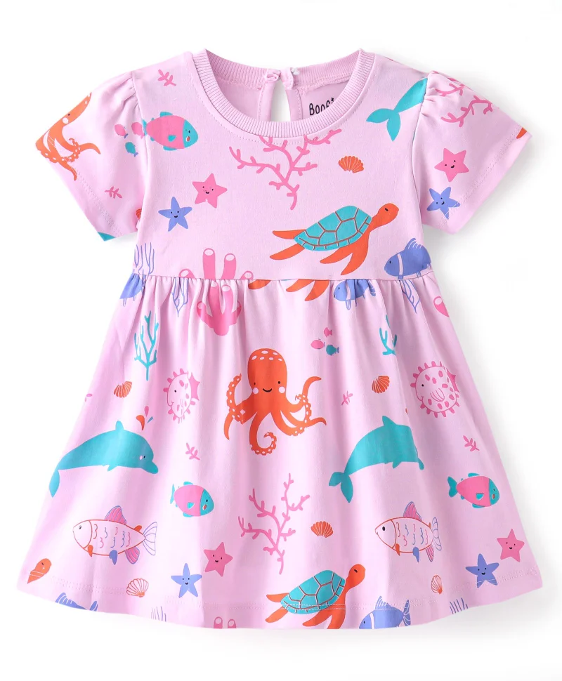 Bonfino Bonfino 100% Cotton Knit Short Sleeves Frock with Bloomer Sea Life Print - Pink