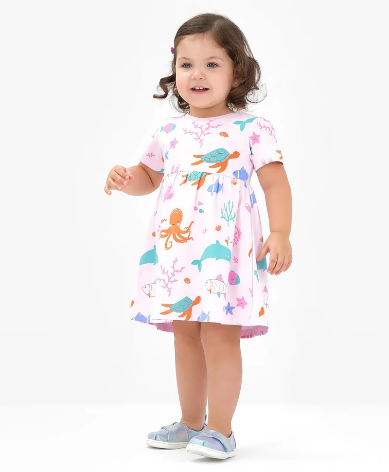 Bonfino Bonfino 100% Cotton Knit Short Sleeves Frock with Bloomer Sea Life Print - Pink