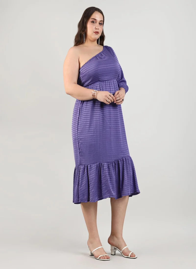 Instafab Plus Women's Purple Self-Design Dress For Casual Wear | Quarter Sleeve | Polyester Fabric | One-Shoulder Dress Crafted With Comfort Fit For Everyday Wear