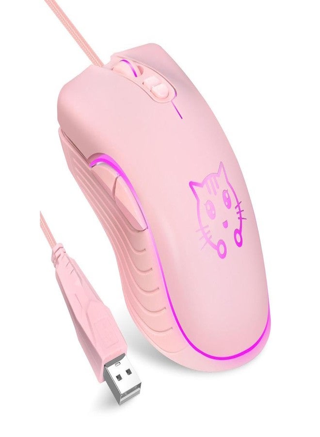 CORN Gaming Wired USB Mouse, 2400DPI 4 Adjustable Levels, Ergonomic Slient Mouse for PC/Desktop/Laptop - Pink Cat - Image 1