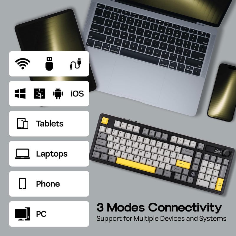 ميكلاندز لوحة مفاتيح ألعاب لاسلكية MechLands AJAZZ AK980 بنسبة 96% مع منفذ USB-C/BT5.0/2.4GHz وشاشة TFT مقاس 1.14 بوصة، لوحة مفاتيح ميكانيكية كريمية قابلة للتبديل السريع مع لوحة FR4، مقبض دوار، إضاءة RGB لأنظمة Win/Mac (أسود) - Image 4