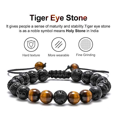 M MOOHAM Beaded Bracelets for Men - Gem Semi Precious Gemstone Round Bead Black Lava Rock Tiger Eye Adjustable Bracelet Men Gifts - Image 4