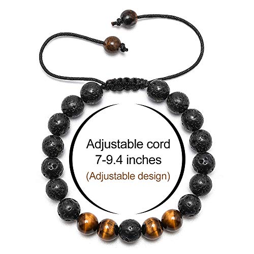 M MOOHAM Beaded Bracelets for Men - Gem Semi Precious Gemstone Round Bead Black Lava Rock Tiger Eye Adjustable Bracelet Men Gifts - Image 3