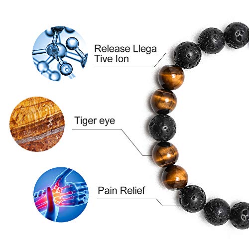 M MOOHAM Beaded Bracelets for Men - Gem Semi Precious Gemstone Round Bead Black Lava Rock Tiger Eye Adjustable Bracelet Men Gifts - Image 5