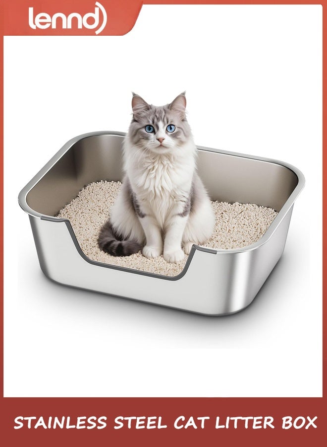 Stainless Steel Cat Litter Box with Low Entry, Metal Kitty Litter Box for Senior or Injured Cats, Odor-Free, Non-Stick, Easy to Clean, 45cm x35cm x15cm, Litter Pan for Medium and Small Cats