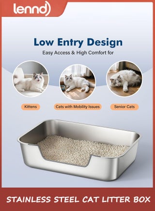 Stainless Steel Cat Litter Box with Low Entry, Metal Kitty Litter Box for Senior or Injured Cats, Odor-Free, Non-Stick, Easy to Clean, 45cm x35cm x15cm, Litter Pan for Medium and Small Cats - view 2