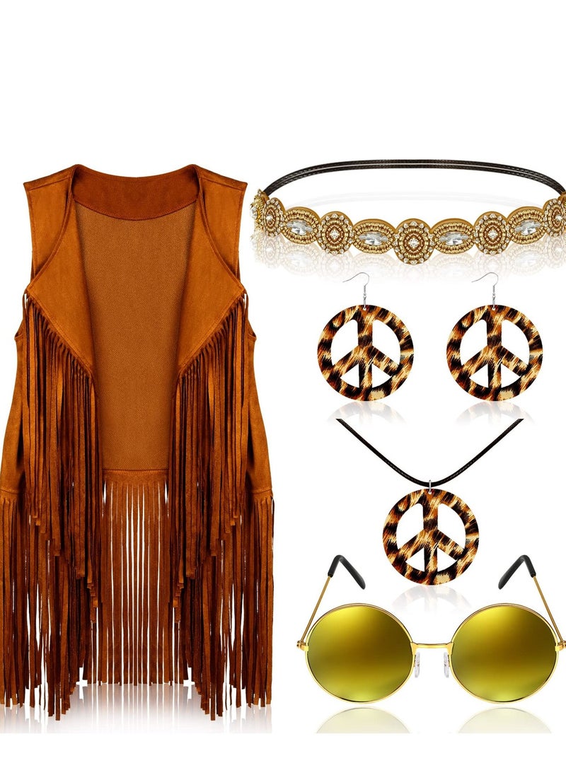 Excefore 6 Pcs 60s 70s Hippie Costume for Women Peace Sign Earring Necklace Headband Fringe Vest Tassel Cardiga, L  - Image 1