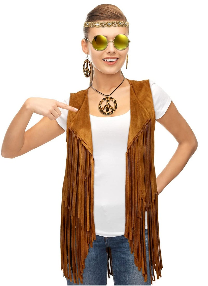 Excefore 6 Pcs 60s 70s Hippie Costume for Women Peace Sign Earring Necklace Headband Fringe Vest Tassel Cardiga, L  - Image 4