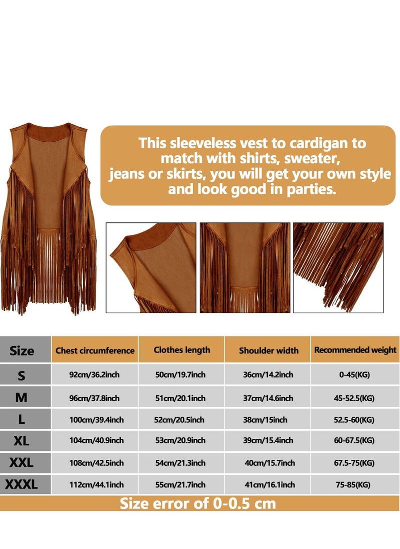 Excefore 6 Pcs 60s 70s Hippie Costume for Women Peace Sign Earring Necklace Headband Fringe Vest Tassel Cardiga, L  - Image 3