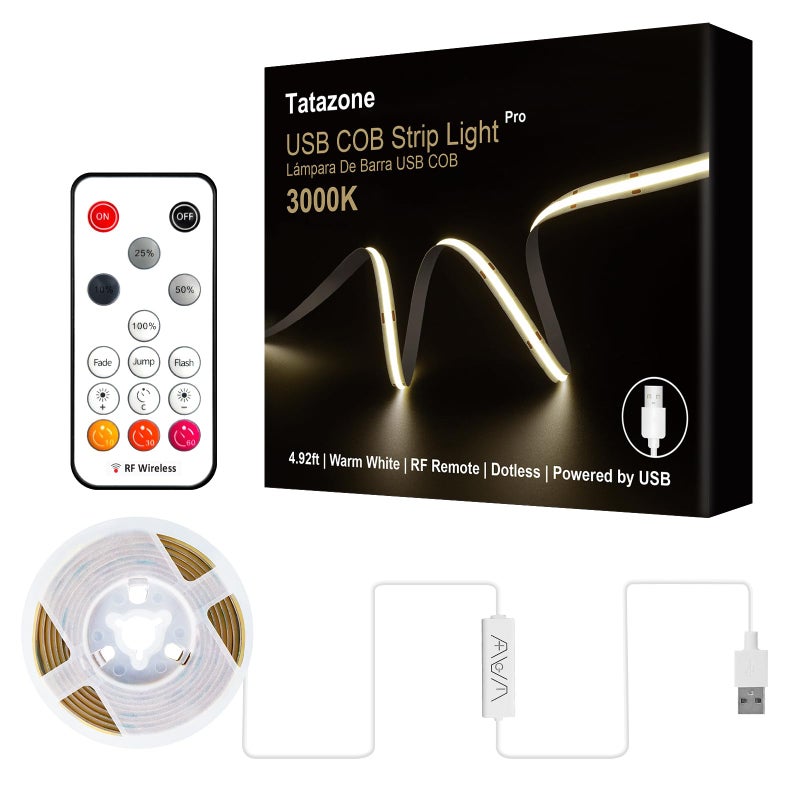 Tatazone شريط إضاءة LED COB بتقنية USB 5V من تاتا زون مع جهاز تحكم عن بُعد RF، بطول 4.92 قدم، 3000K قابل للتعتيم، شريط إضاءة LED COB يعمل بالطاقة من USB، للإستخدام الداخلي في الخزائن، التلفاز، التخييم، الشاشات، المعارض، والمركبات المتنقلة. - Image 1