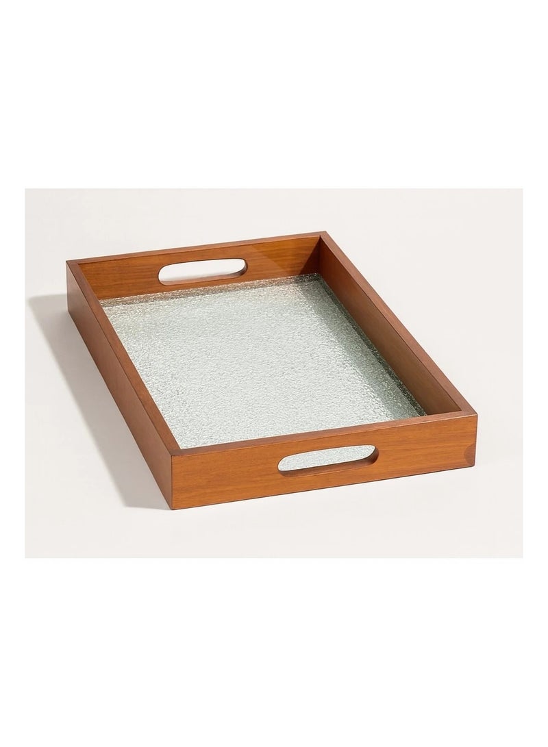 طقم 2 قطعة من صينية تقديم خشب جوده عالية  وقاعدة من الزجاج شفافة مع مقابض من الخيزران صينية تقديم لطاولة القهوة الشاي - Image 2