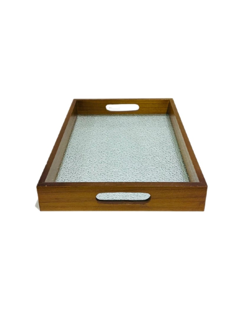 طقم 2 قطعة من صينية تقديم خشب جوده عالية  وقاعدة من الزجاج شفافة مع مقابض من الخيزران صينية تقديم لطاولة القهوة الشاي - Image 1