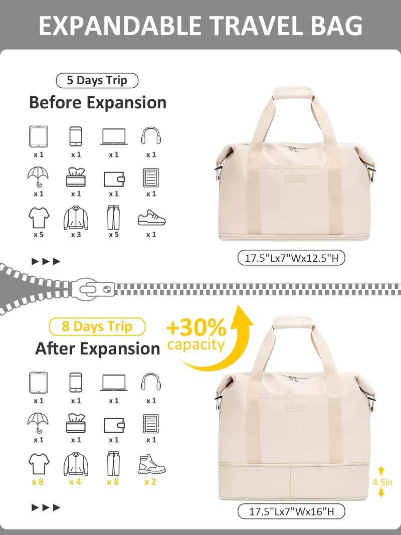 Capolo Expandable Travel Duffle Bag, Waterproof Weekender Overnight Bags for Women Men Hospital Bag for Women Labor Delivery Carry on Bag with Toiletry Bag for Travel Gym Airplanes(Beige, X-Large) - Image 3