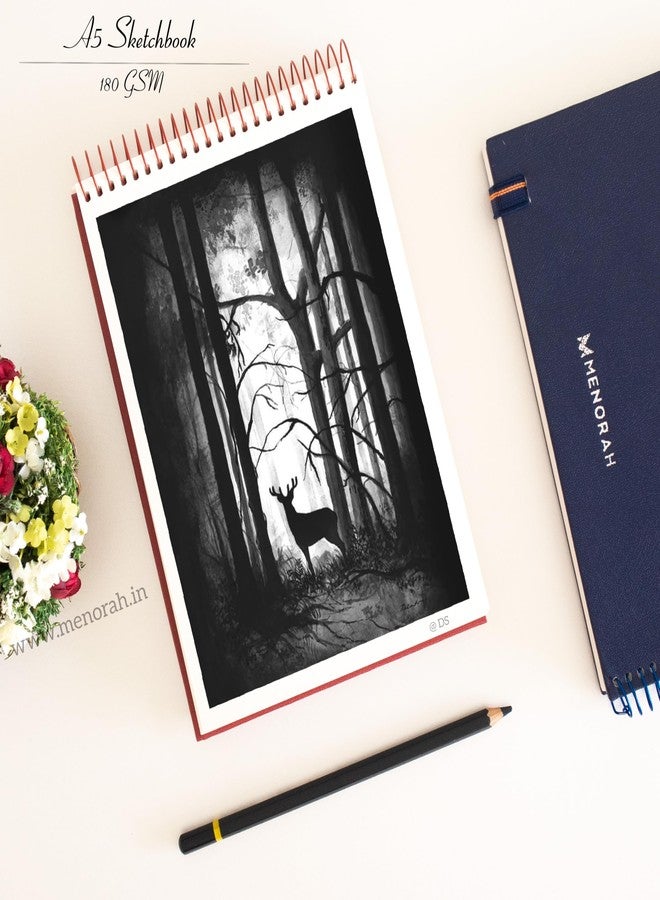 MENORAH ورق مينورا - مقاس A5 - دفتر رسم فني - 180 غرام/م² - غلاف حلزوني، دفتر رسم - 100 صفحة/50 ورقة (مقاس 14.8 سم × 21.0 سم) - غلاف معدني حلزوني صلب - دفتر رسم - منظر طبيعي (أزرق)، ألوان زيتية - Image 4