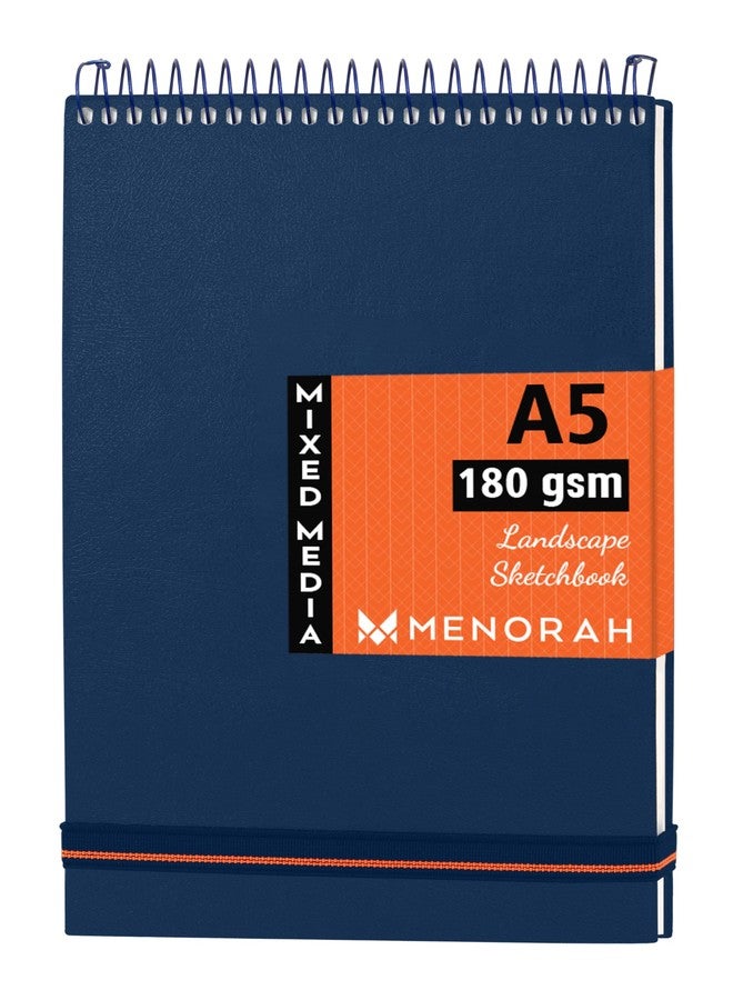 MENORAH ورق مينورا - مقاس A5 - دفتر رسم فني - 180 غرام/م² - غلاف حلزوني، دفتر رسم - 100 صفحة/50 ورقة (مقاس 14.8 سم × 21.0 سم) - غلاف معدني حلزوني صلب - دفتر رسم - منظر طبيعي (أزرق)، ألوان زيتية - Image 1