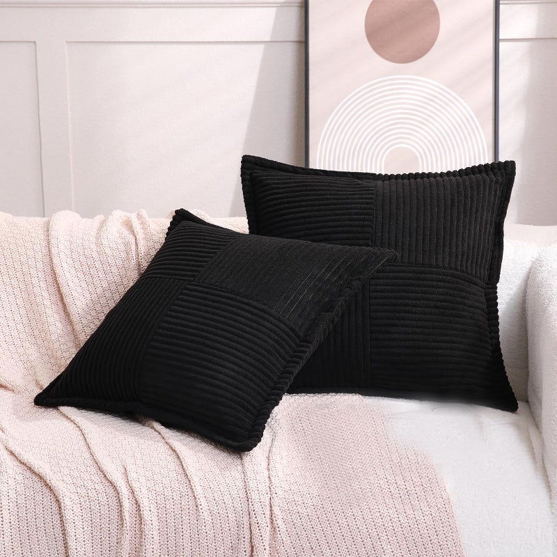 Puncuntex Corduroy Throw Pillow Covers Set of 2 Boho Decorative Black 22?22 Inch Super Soft Pillowcase Cozy Striped Texture Cushion Cover for Couch Sofa Farmhouse Living Room - Image 3