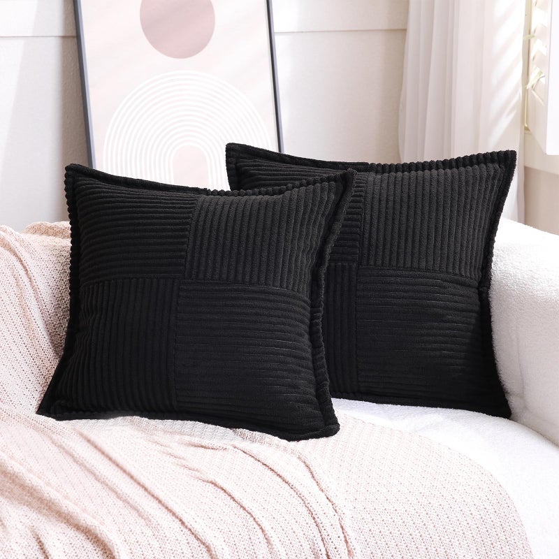 Puncuntex Corduroy Throw Pillow Covers Set of 2 Boho Decorative Black 22?22 Inch Super Soft Pillowcase Cozy Striped Texture Cushion Cover for Couch Sofa Farmhouse Living Room - Image 1