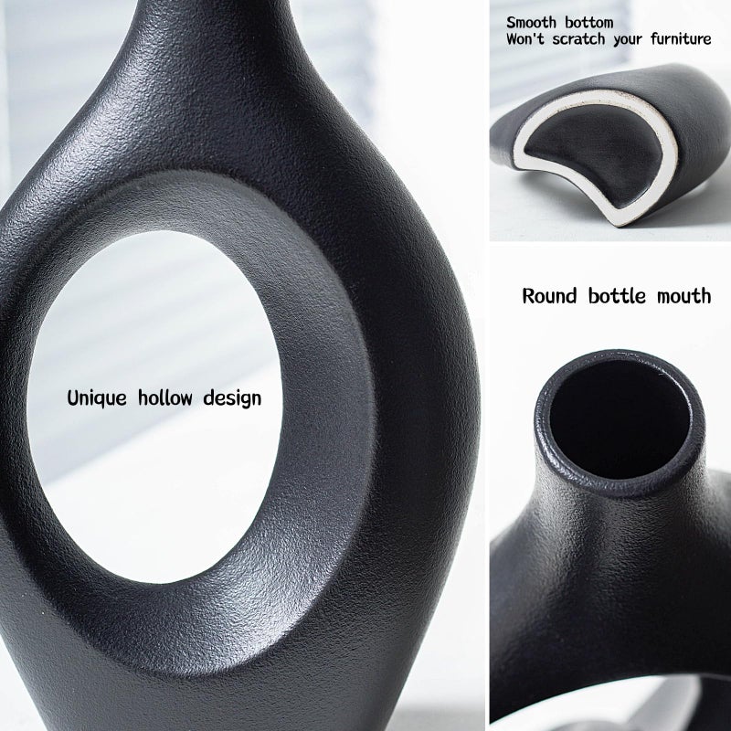 Liotww XL Black and Beige Snuggle Hollow Ceramic Vase of 2 for Coffee Table Decor, Modern Minimalist Aesthetic Donut Floral Vases, for Home Living Room Entryway Table Shelves Decorative (W 6.8" X H 11") - Image 5