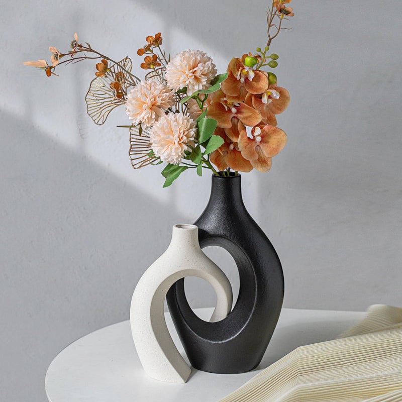 Liotww XL Black and Beige Snuggle Hollow Ceramic Vase of 2 for Coffee Table Decor, Modern Minimalist Aesthetic Donut Floral Vases, for Home Living Room Entryway Table Shelves Decorative (W 6.8" X H 11") - Image 4
