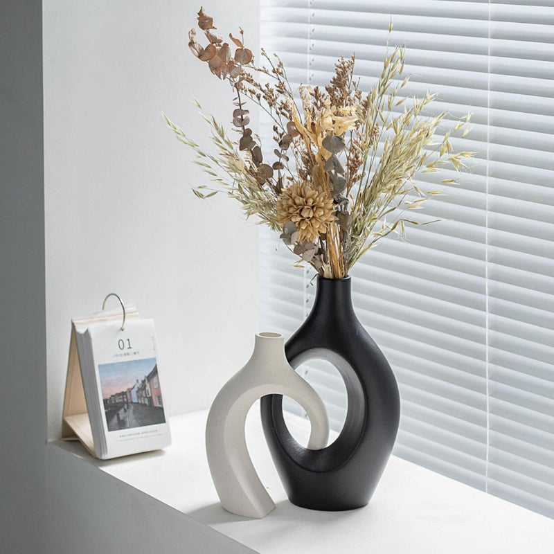 Liotww XL Black and Beige Snuggle Hollow Ceramic Vase of 2 for Coffee Table Decor, Modern Minimalist Aesthetic Donut Floral Vases, for Home Living Room Entryway Table Shelves Decorative (W 6.8" X H 11") - Image 3