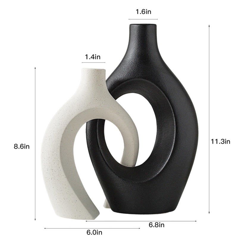 Liotww XL Black and Beige Snuggle Hollow Ceramic Vase of 2 for Coffee Table Decor, Modern Minimalist Aesthetic Donut Floral Vases, for Home Living Room Entryway Table Shelves Decorative (W 6.8" X H 11") - Image 2