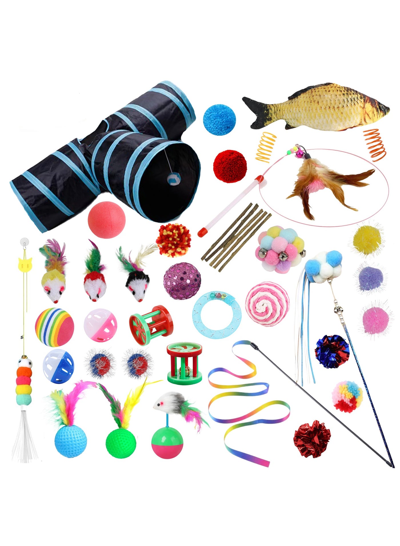 40 Pcs Cat Kitten Toys,Collapsible 3 Way Cat Tunnels for Indoor cat,Interactive mouse, Cat Stick Wand,Feather Golf Balls,Catnip fish,tumbler Mouse,plush bell ball,More colorful Balls