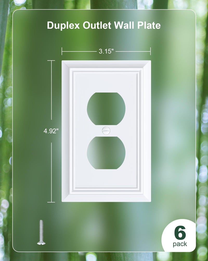 treewell 6-Pack Duplex Outlet Cover Plate, Decorative Pure White Switch Plates and Outlet Covers, Natural Bamboo Fiber Wall Plates for Electrical Outlets, 1 Gang Receptacle Cover, Corrosion Resistant - Image 2