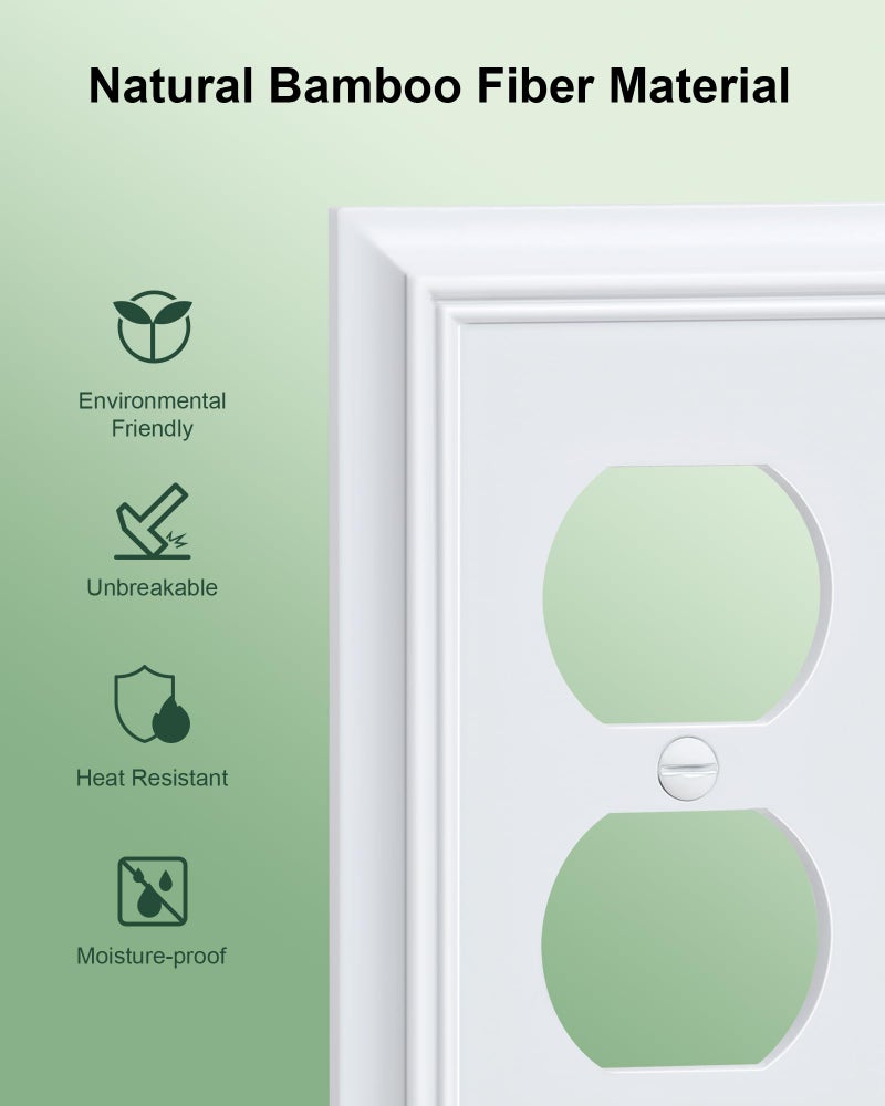 treewell 6-Pack Duplex Outlet Cover Plate, Decorative Pure White Switch Plates and Outlet Covers, Natural Bamboo Fiber Wall Plates for Electrical Outlets, 1 Gang Receptacle Cover, Corrosion Resistant - Image 3