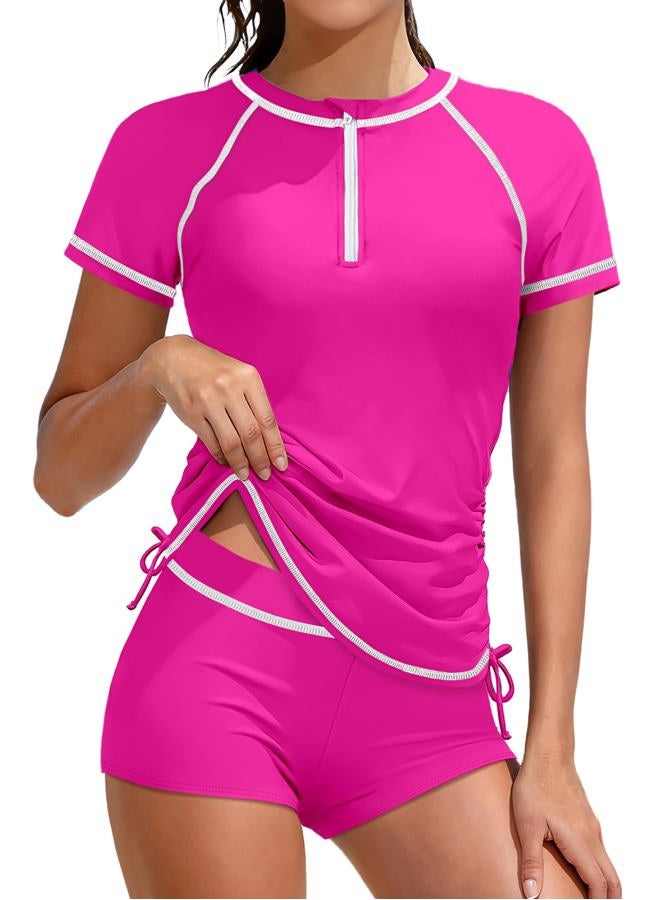 TyeSmo Girls Swimsuit Rash Guard Bathing Suit for Girls 2 Piece Short Sleeve Solid Color UPF 50+ Padded Zip Swimwear 7-14y, Pink, 11-12 Years - Image 1
