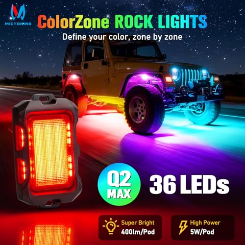 MICTUNING Q2 MAX RGB+IC Rock Lights - 16 Pods Multi-Color Zone Chasing Ultra-Bright Underglow Neon Kit, Individual Group Programming, APP Music Sync & DIY Effects, IP68 Waterproof - Image 2