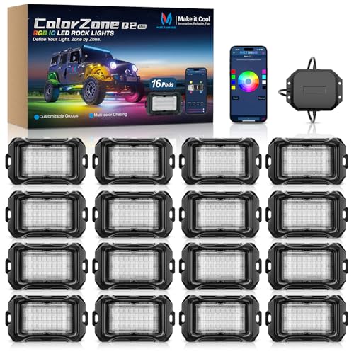 MICTUNING Q2 MAX RGB+IC Rock Lights - 16 Pods Multi-Color Zone Chasing Ultra-Bright Underglow Neon Kit, Individual Group Programming, APP Music Sync & DIY Effects, IP68 Waterproof - Image 1