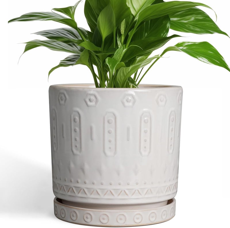 Eightpot Ceramic Planter for Indoor Plants - 8 Inch Plant Pot Outdoor Flower Pot with Drainage Holes and Saucer Modern Round Planter Succulent Pot for Home Garden Decor White - Image 1