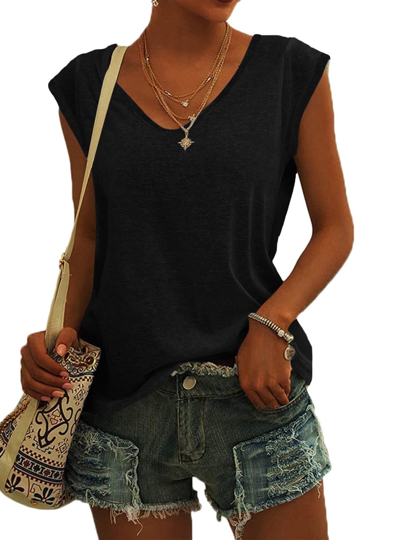 AUSELILY Womens Cap Sleeve T-Shirt Casual Loose Fit Tank Tops Black - Image 5