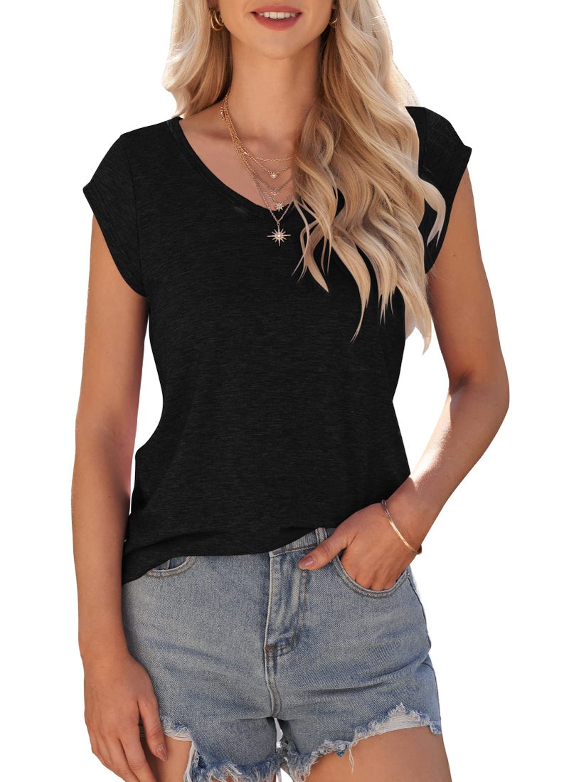 AUSELILY Womens Cap Sleeve T-Shirt Casual Loose Fit Tank Tops Black - Image 3