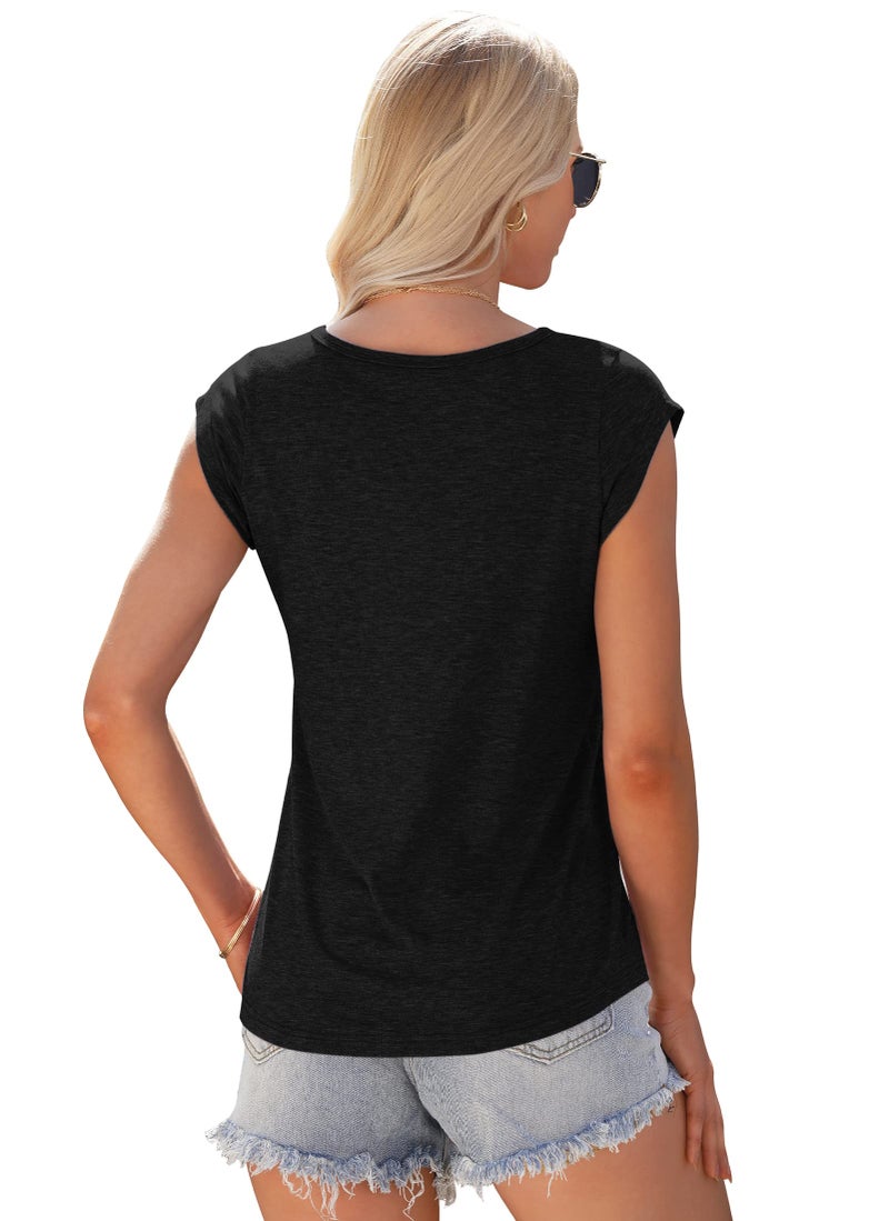 AUSELILY Womens Cap Sleeve T-Shirt Casual Loose Fit Tank Tops Black - Image 2