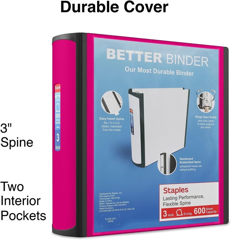 Staples 3-Inch D-Ring Heavy Duty Binder - Pink, Holds 600 Sheets, 3-Ring View, School Organization, Durable for Documents - Image 2