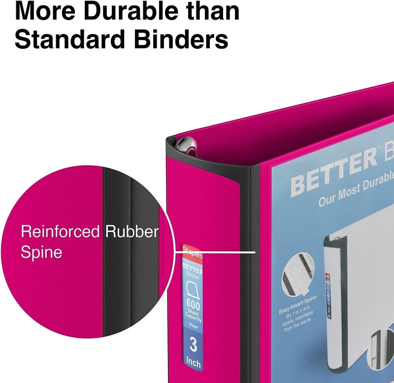 Staples 3-Inch D-Ring Heavy Duty Binder - Pink, Holds 600 Sheets, 3-Ring View, School Organization, Durable for Documents - Image 5