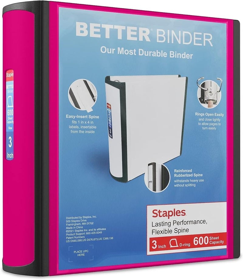Staples 3-Inch D-Ring Heavy Duty Binder - Pink, Holds 600 Sheets, 3-Ring View, School Organization, Durable for Documents - Image 1