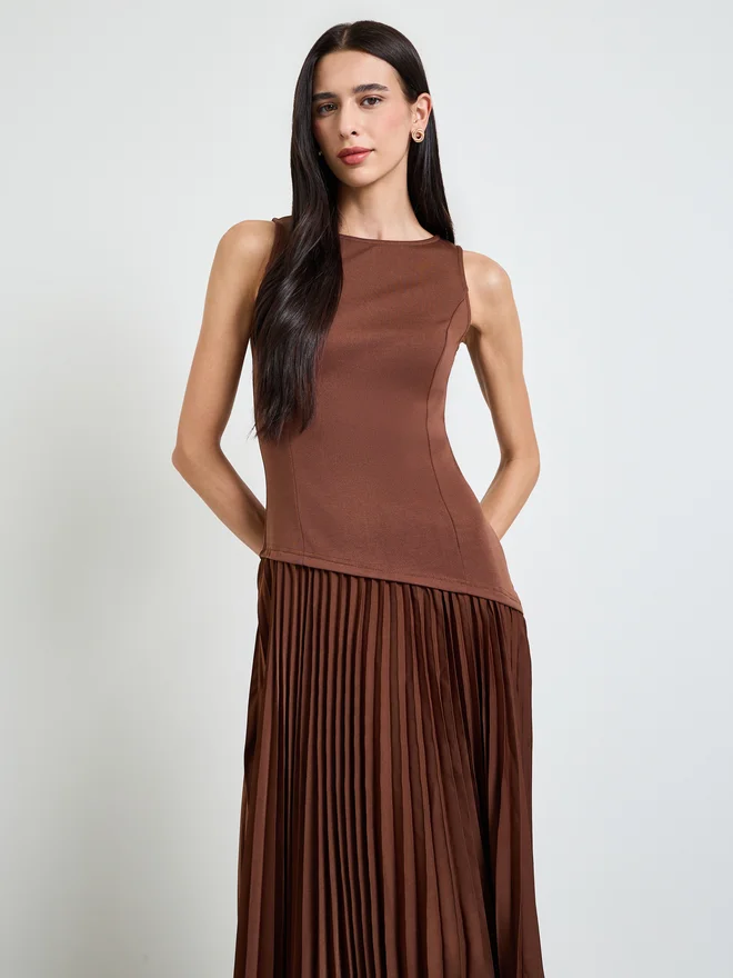 Styli Styli Brown Pleated A-Line Midi Dress