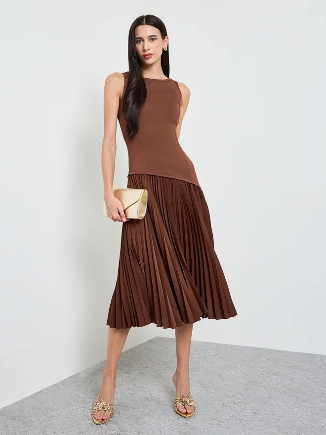 Styli Styli Brown Pleated A-Line Midi Dress
