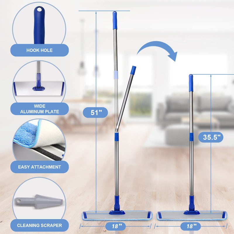Conliwell 18" Professional Microfiber Mop Floor Cleaning System, Flat Mop with Stainless Steel Handle, 4 Reusable Washable Mop Pads, Wet and Dust Mopping for Hardwood, Vinyl, Laminate, Tile Cleaning - Image 3