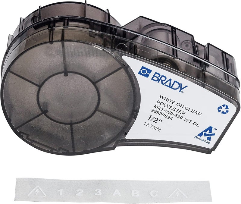 Brady Authentic (M21-500-430-WT-CL) Harsh Environment Polyester Label for Lab, Asset Tracking and Datacom, White on Clear- For M210, M210-LAB, M211, BMP21-PLUS and BMP21-LAB Printers, 0.5" W 21' L - Image 1