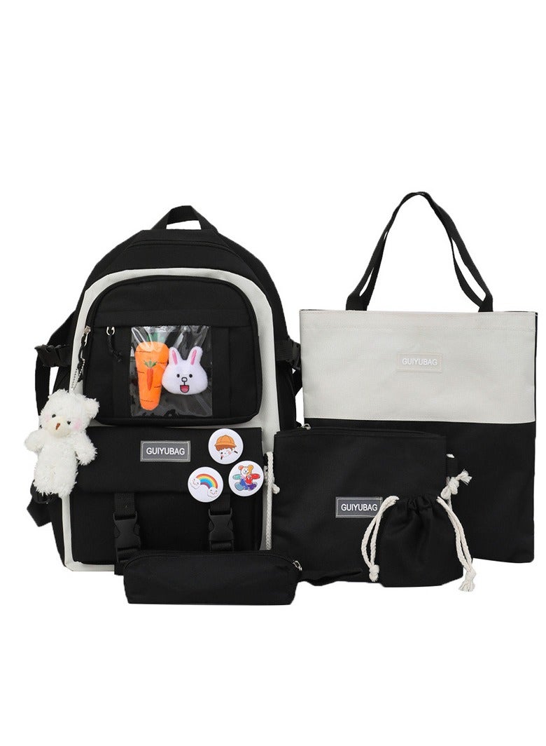 Backpack Set Cute School Laptop Bag Canvas Daypack 5 PCS with Shoulder Bag, Pencil Box, Tote Bag, Small Bag - Image 1